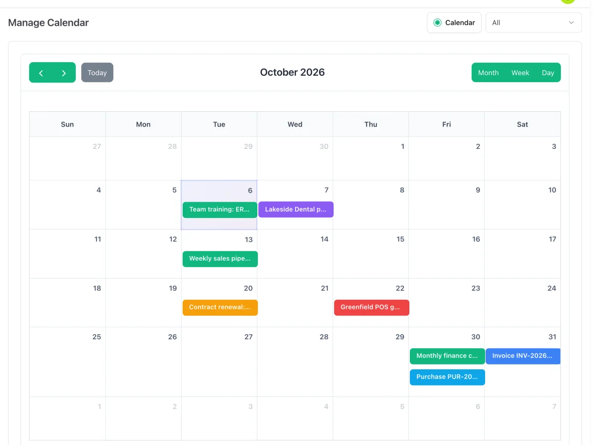 Calendário do ERP Instfy com faturas e reuniões