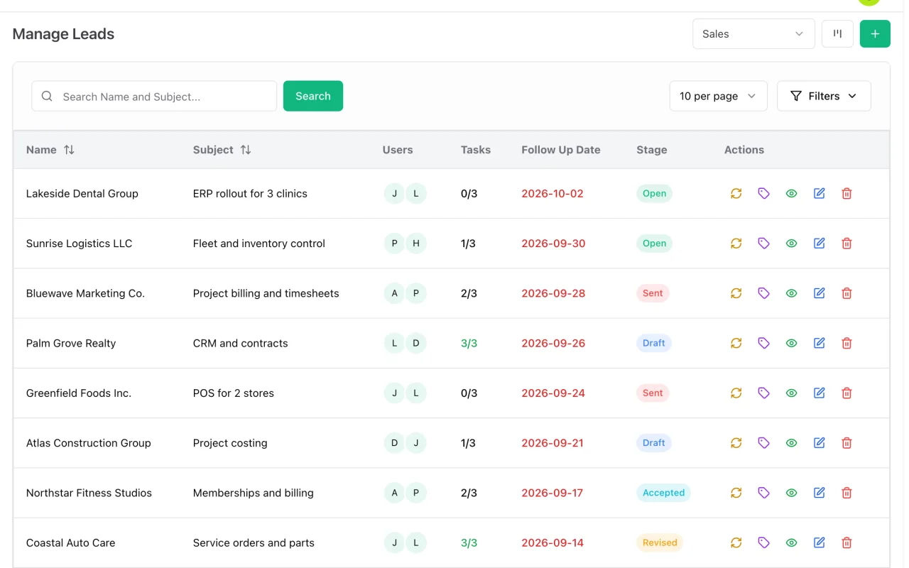 Leads do CRM no ERP Instfy