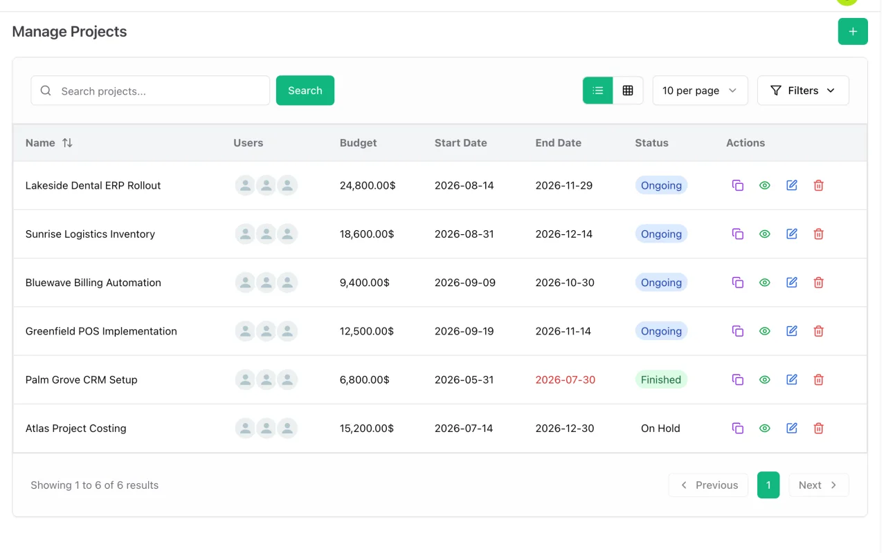 Lista de projetos no ERP Instfy